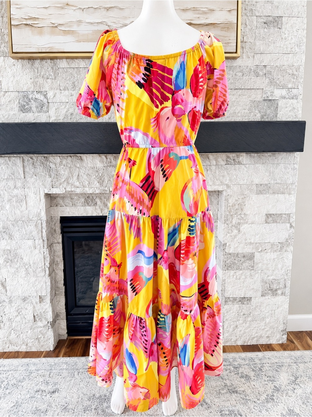 Farm Rio Yellow Tropical Bird Print Maxi Dress Puff Sleeve Tiered Boho S - Picture 4 of 9